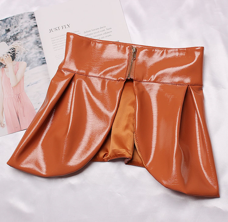 Concave Shape Patent Leather Ruffle Skirt for Catwalk