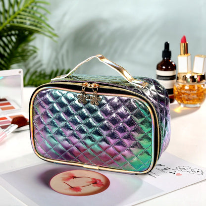Portable PU Cosmetic Case for Women - Square Lattice Design
