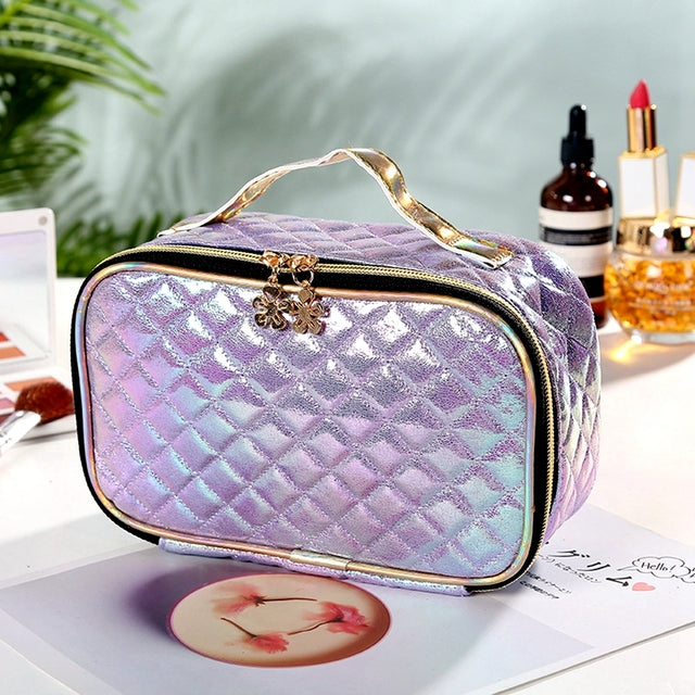 Portable PU Cosmetic Case for Women - Square Lattice Design