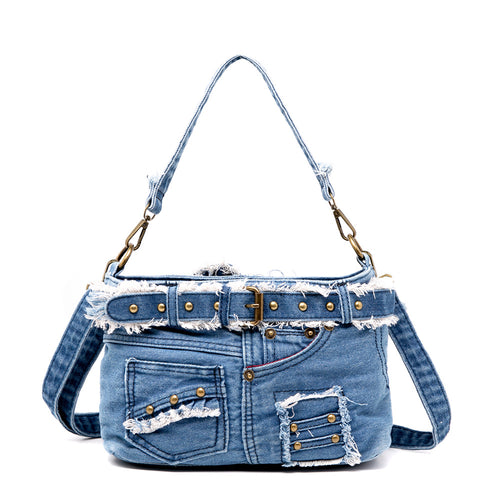 Fashionable Women's Riveted Denim Crossbody Handbag