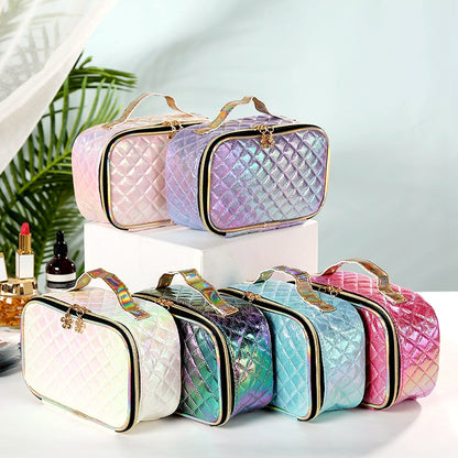 Portable PU Cosmetic Case for Women - Square Lattice Design