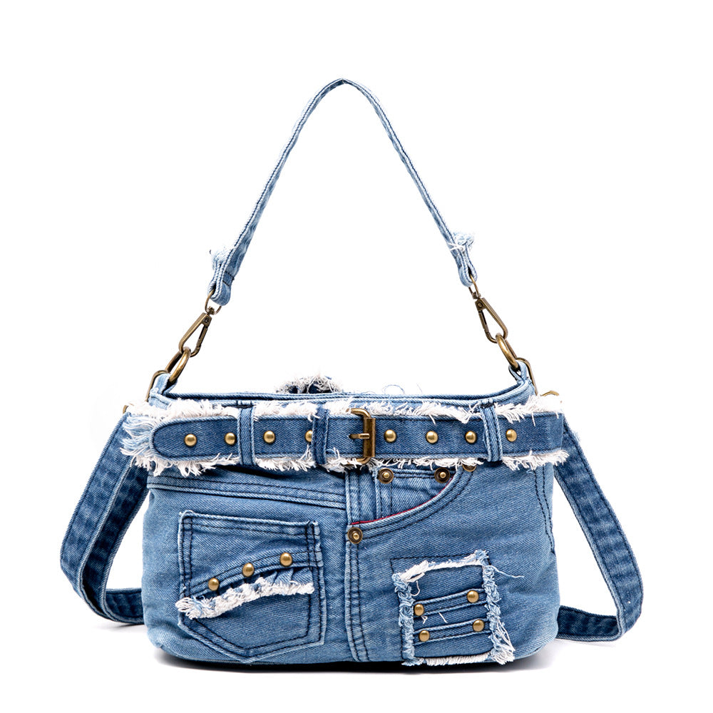 Fashionable Women's Riveted Denim Crossbody Handbag