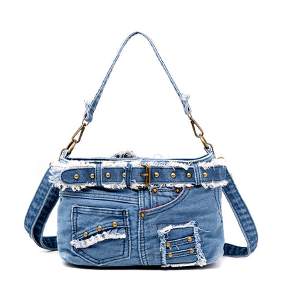Fashionable Women's Riveted Denim Crossbody Handbag