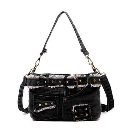 Fashionable Women's Riveted Denim Crossbody Handbag