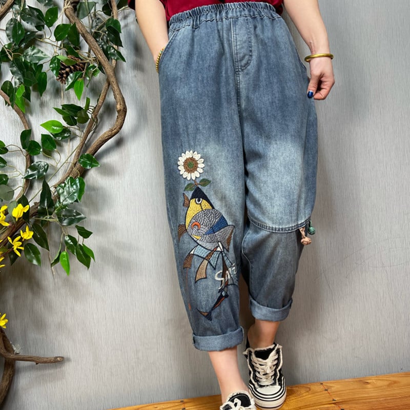 Vintage Embroidered Print Jeans for Women