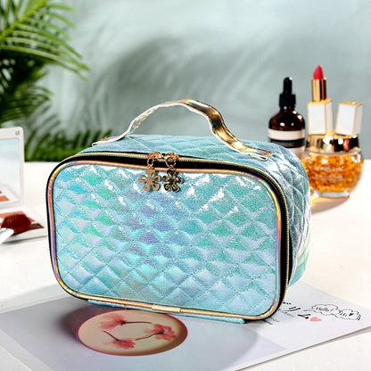 Portable PU Cosmetic Case for Women - Square Lattice Design