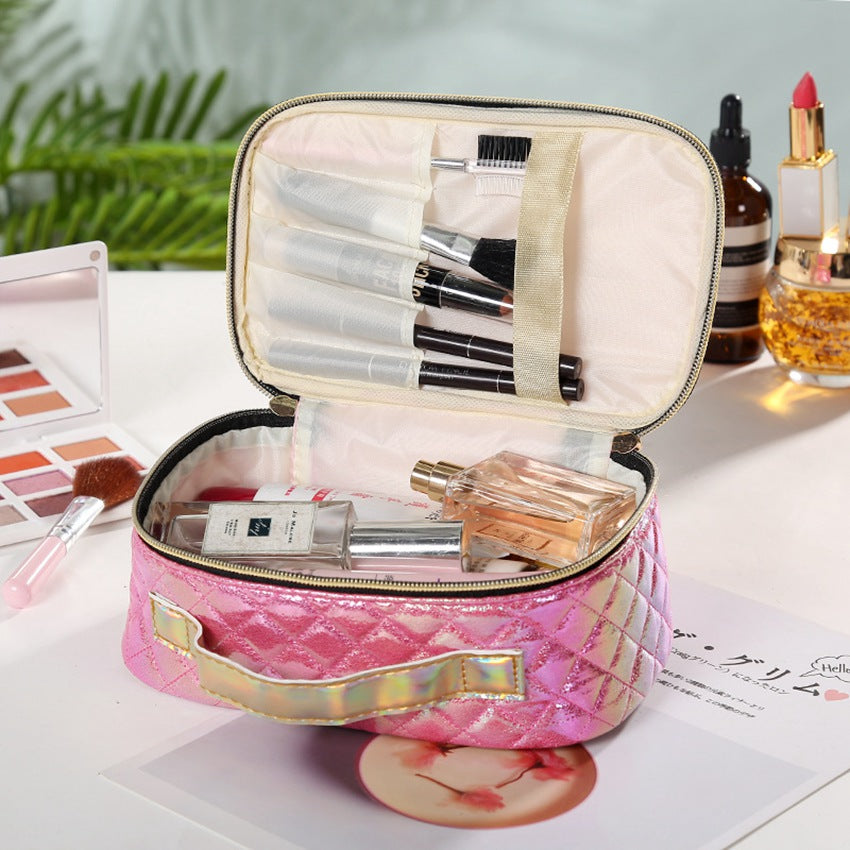 Portable PU Cosmetic Case for Women - Square Lattice Design