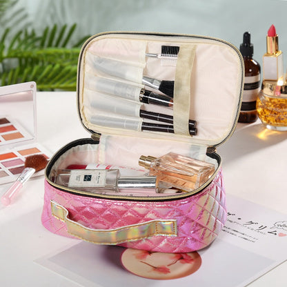 Portable PU Cosmetic Case for Women - Square Lattice Design