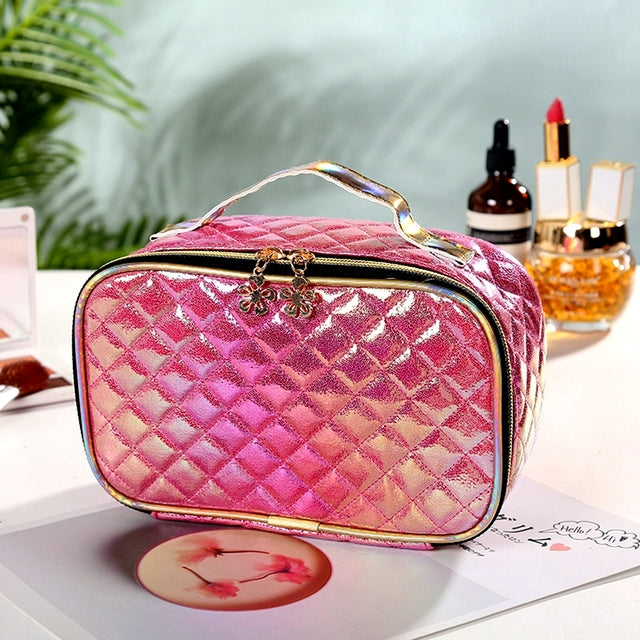 Portable PU Cosmetic Case for Women - Square Lattice Design