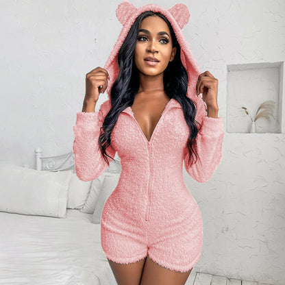 Xy Hooded Casual Zipper Shorts Jumpsuit