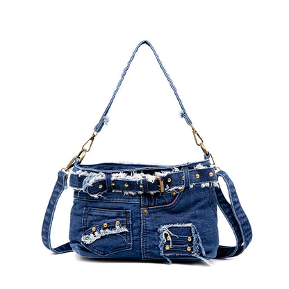 Fashionable Women's Riveted Denim Crossbody Handbag